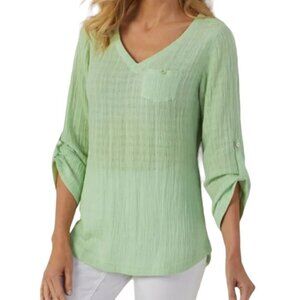 Soft Surroundings Linen Blend Tunic Roll Tab Sleeves V Neck Green